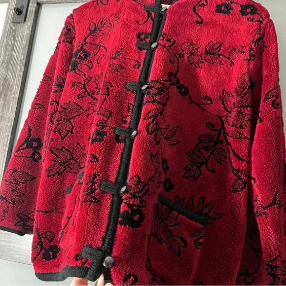 Vintage Tally-Ho Deep Red Floral Leaves Jacket Kimono Style Button Down Small - Picture 9 of 9